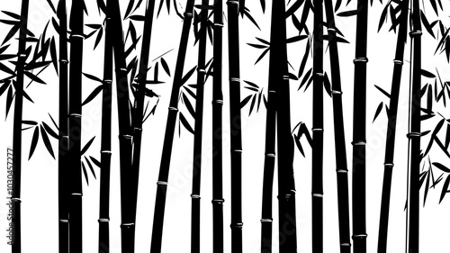 Bamboo grove with tall, segmented stems and narrow leaves, vector illustration art