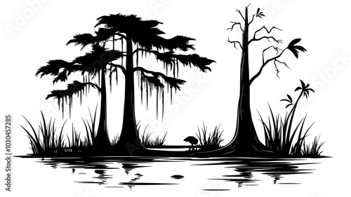 Bald cypress with knees in a swamp landscape, vector illustration art