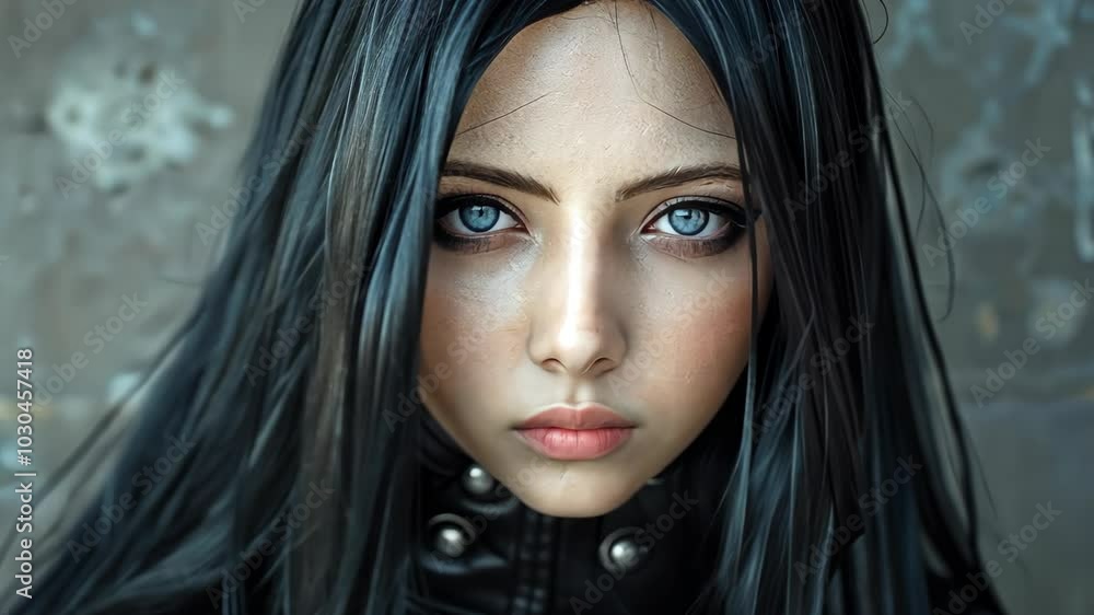 A woman with long, black hair and piercing blue eyes stares intently at ...
