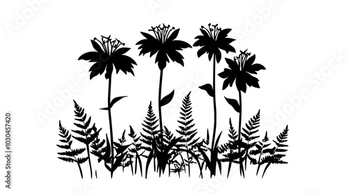 Bee balm cluster in a woodland clearing surrounded by ferns, vector illustration art