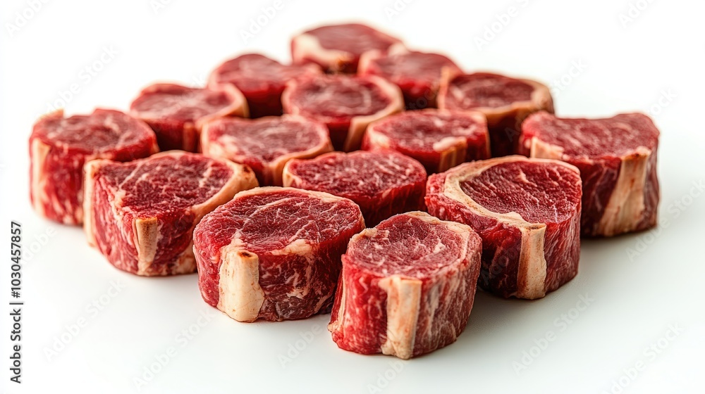 A collection of raw beef cuts arranged on a white surface. A collection of raw beef cuts arranged on a white surface.