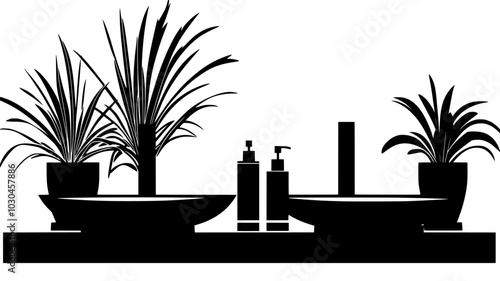 Bromeliads with central flower spikes on a bathroom counter, vector illustration art