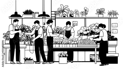 Bulk flowers being packaged and sorted by workers in a floristry wholesale hub, vector illustration art