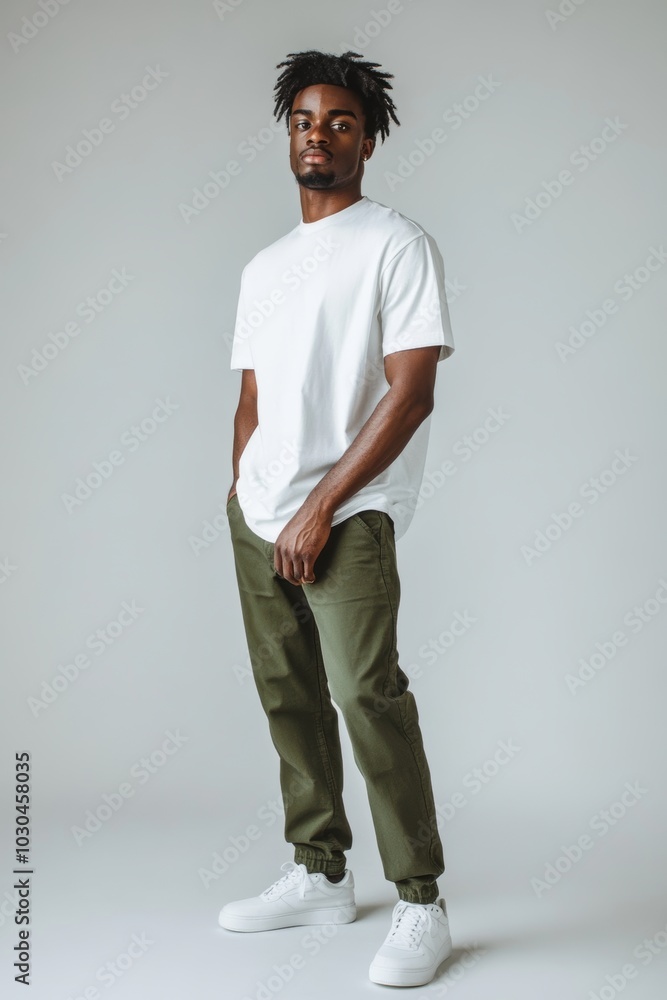 Casual Male Model Posing in Oversized White T-Shirt and Olive Green Chinos, Full Body Shot Generative AI Casual Male Model Posing in Oversized White T-Shirt and Olive Green Chinos, Full Body Shot Generative AI