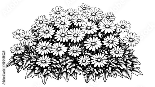 Chrysanthemum flowers covering an entire bush in an autumn garden, vector illustration art