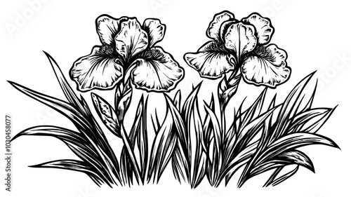 Close-up of a Siberian iris flower blooming in a garden setting, vector illustration art