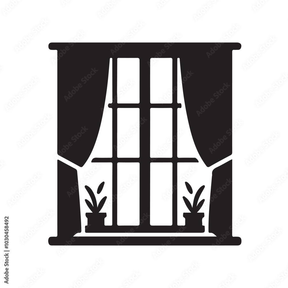 Window View with Curtains, Plants.eps Window View with Curtains, Plants.eps