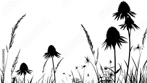 Coneflowers growing in a prairie garden with ornamental grasses, vector illustration art