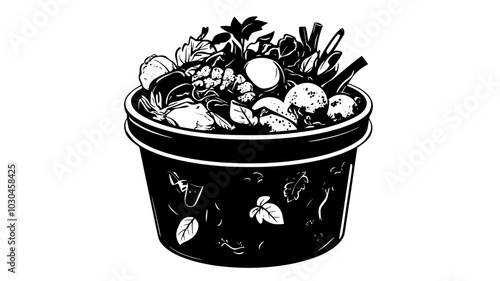 Compost bin filled with kitchen scraps and yard waste, vector illustration art