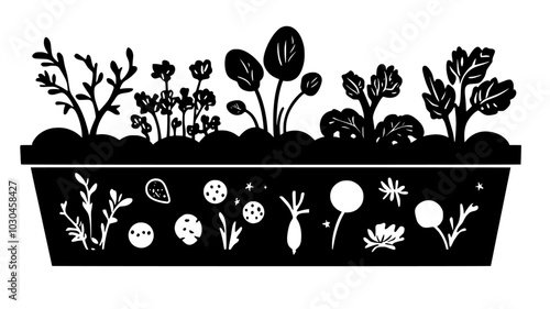 Converted dumpster filled with soil growing vegetables, vector illustration art