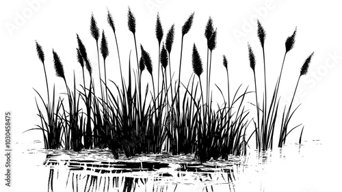 Cordgrass growing in marshland with tall, upright stems emerging from water, vector illustration art