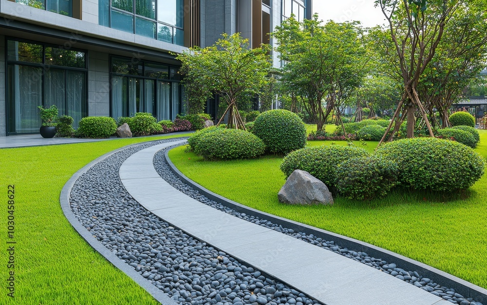 Obraz premium A serene garden pathway with smooth stones, lush greenery, and neatly trimmed bushes.