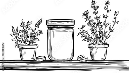 Dried medicinal flowers in a metal container on a wooden shelf, vector illustration art