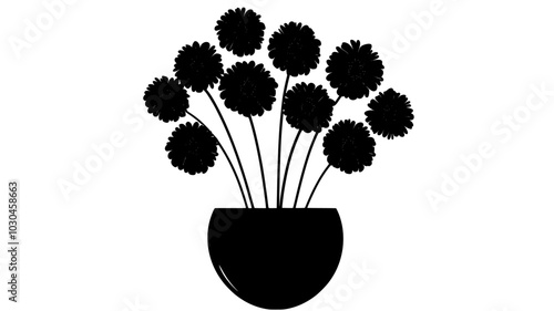 A display of marigolds placed in a round vase, with stems tightly gathered, vector illustration art