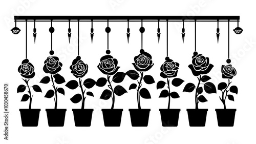 Drip irrigation system running through rows of roses in a greenhouse, vector illustration art