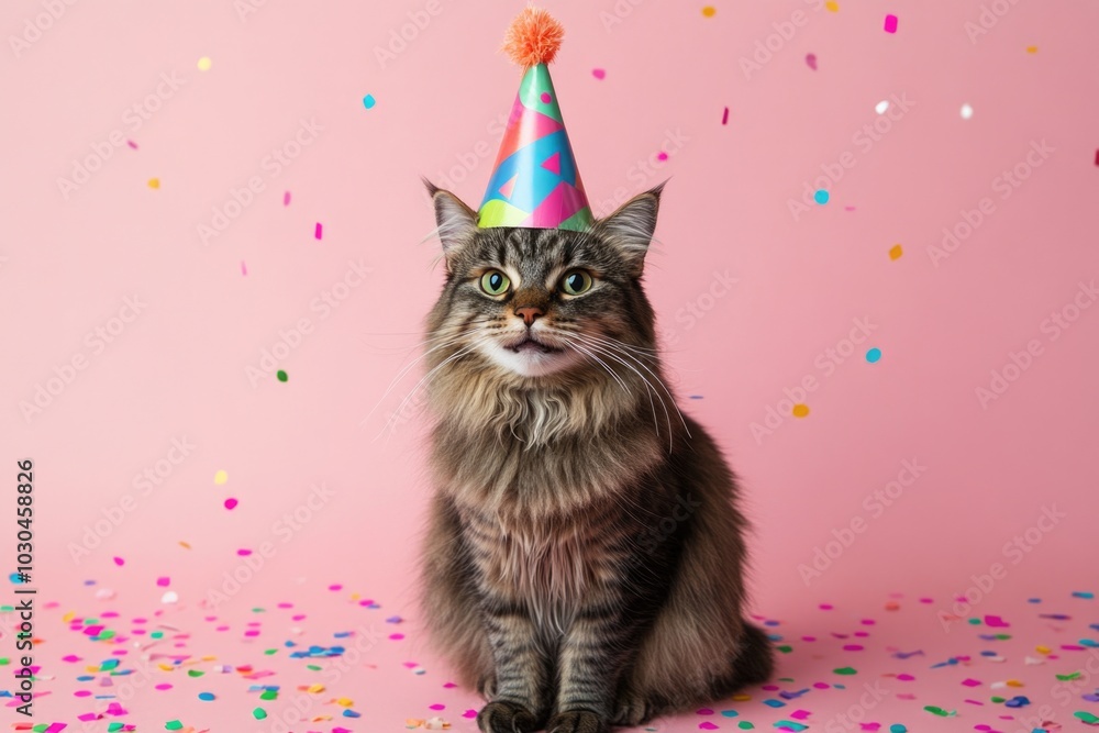 A happy fluffy cat wearing a colorful birthday hat and sitting on a pink background with confetti. A happy fluffy cat wearing a colorful birthday hat and sitting on a pink background with confetti.