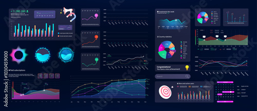 Dark UI, charts, infographic, diagrams in dashboard template collection. UI, UX, KIT dashboard with circle infographic and data management menu. Futuristic Statistic, analytic. Vector graphic, charts