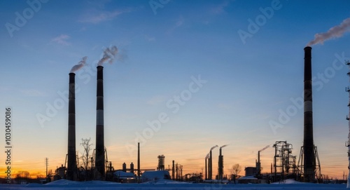 Bright sky highlighting smokestacks, creating a stark industrial scene.