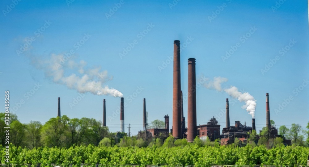 Bright sky highlighting smokestacks, creating a stark industrial scene. Bright sky highlighting smokestacks, creating a stark industrial scene.
