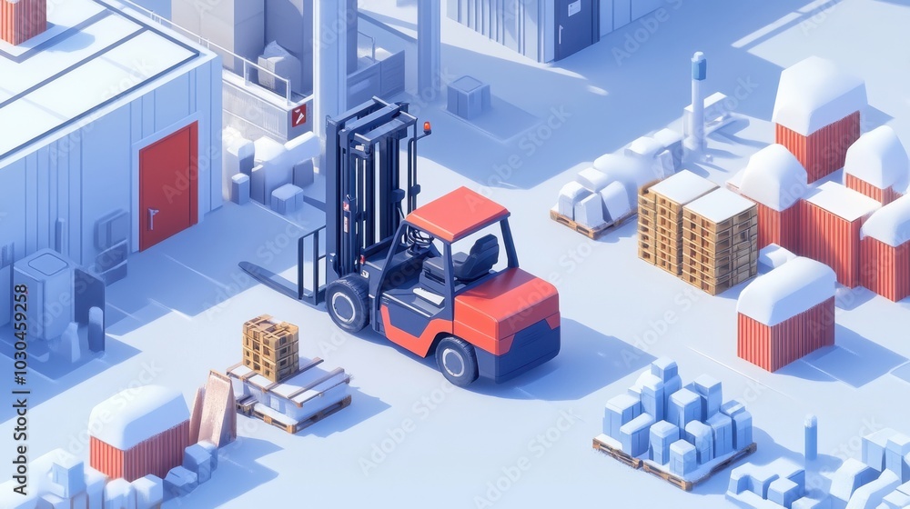 Forklift in isometric style, showcasing detailed machinery design, placed on a clean white background for clarity and focus Forklift in isometric style, showcasing detailed machinery design, placed on a clean white background for clarity and focus