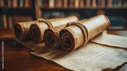 Ancient Parchment Scrolls on Wooden Table with Bookshelf Background