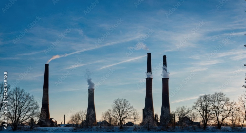 Bright sky highlighting smokestacks, creating a stark industrial scene. Bright sky highlighting smokestacks, creating a stark industrial scene.