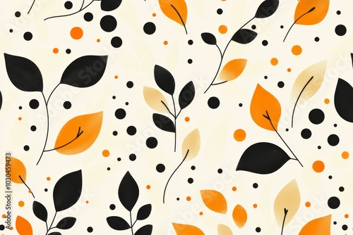 Abstract botanical pattern with orange and black leaves symbolizing fall foliage natural textures and creative design in a bold nature inspired illustration with vibrant colors