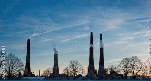 Bright sky highlighting smokestacks, creating a stark industrial scene.