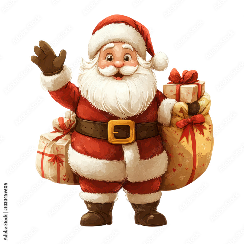 Santa Claus clipart, Christmas element, waving with a sack of presents Santa Claus clipart, Christmas element, waving with a sack of presents