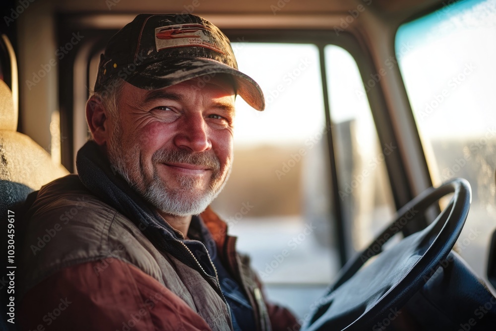 Portrait of a smiling truck driver sitting in a white cabin and looking at the camera. Portrait of a smiling truck driver sitting in a white cabin and looking at the camera.