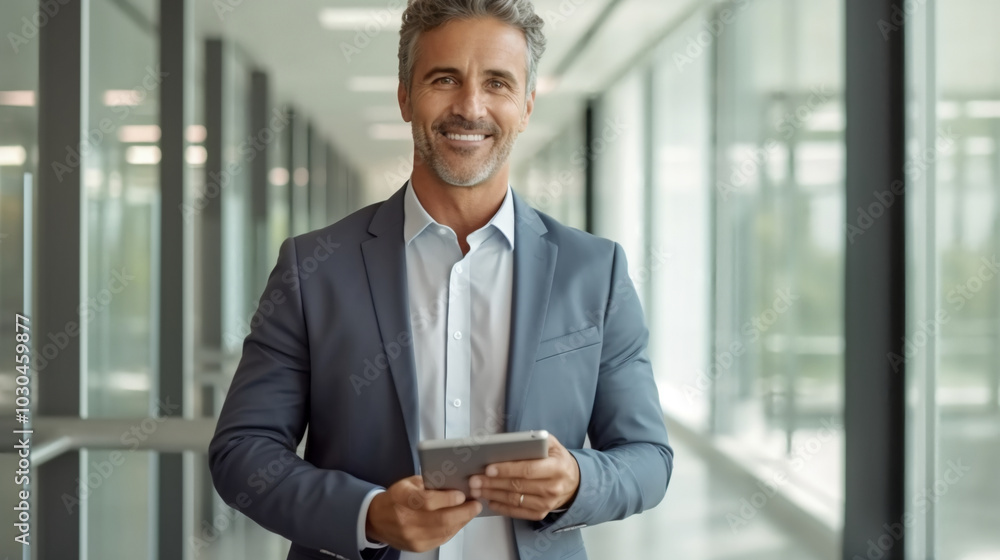 A smiling middle-aged businessman holding an iPad in his hands, standing inside a modern office with glass walls. A smiling middle-aged businessman holding an iPad in his hands, standing inside a modern office with glass walls.