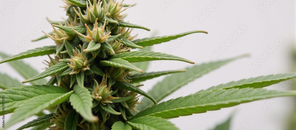 Detailed close-up image showcases cannabis plant with mature buds Detailed close-up image showcases cannabis plant with mature buds