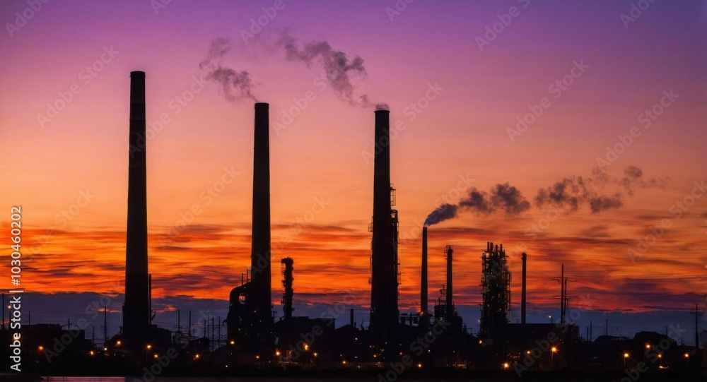 Bright sky highlighting smokestacks, creating a stark industrial scene. Bright sky highlighting smokestacks, creating a stark industrial scene.