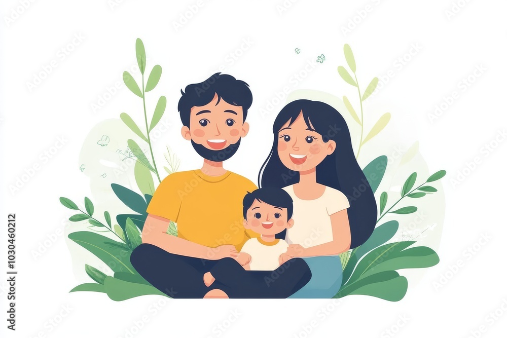 Heartwarming illustration of a family with parents and a baby symbolizing love connection and family bonds in a soft calming design with natural elements and warm colors Heartwarming illustration of a family with parents and a baby symbolizing love connection and family bonds in a soft calming design with natural elements and warm colors