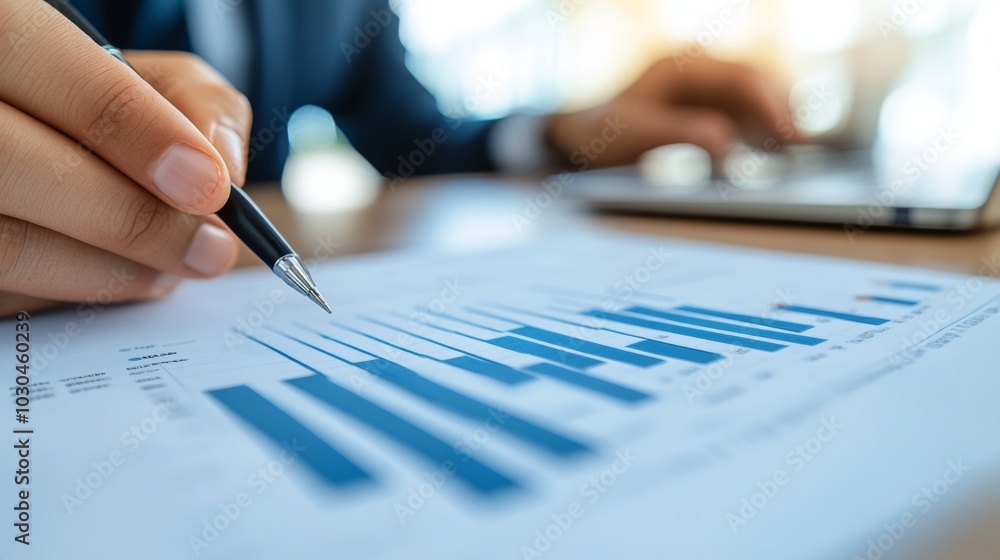 Businessman Analyzing Financial Data with Pen and Bar Graph Chart Businessman Analyzing Financial Data with Pen and Bar Graph Chart