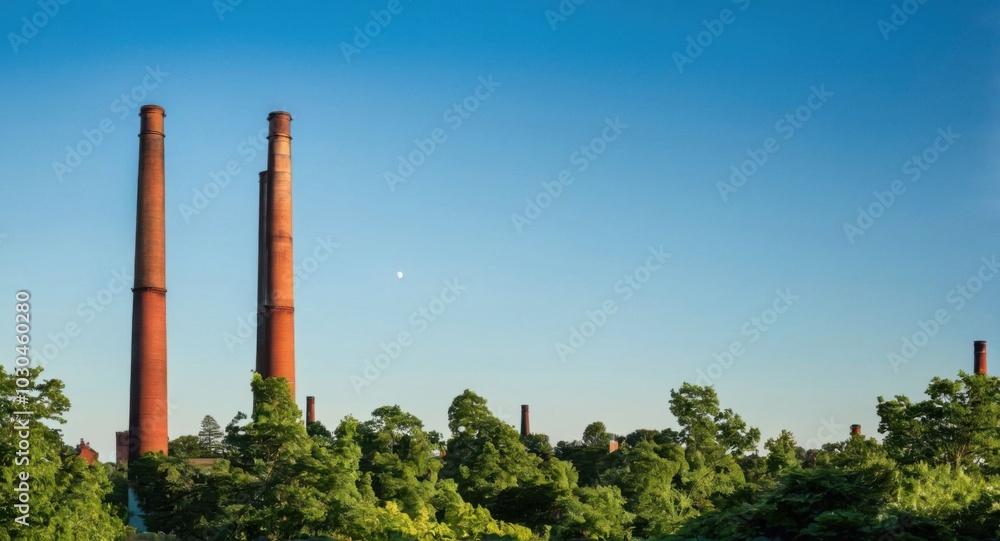 Bright sky highlighting smokestacks, creating a stark industrial scene. Bright sky highlighting smokestacks, creating a stark industrial scene.