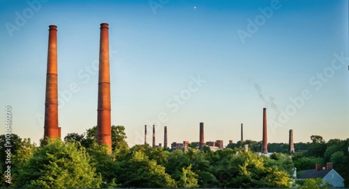 Bright sky highlighting smokestacks, creating a stark industrial scene.