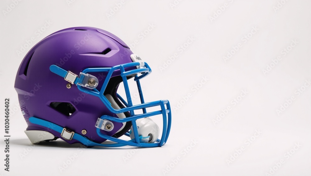 Fototapeta premium Purple and Blue Football Helmet on White Background Minimalist Design