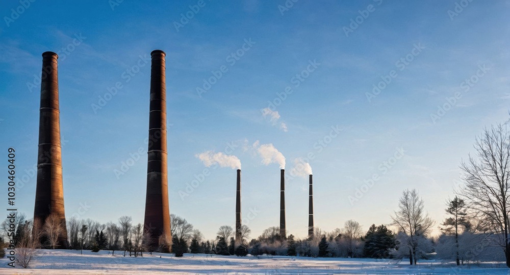 Bright sky highlighting smokestacks, creating a stark industrial scene. Bright sky highlighting smokestacks, creating a stark industrial scene.