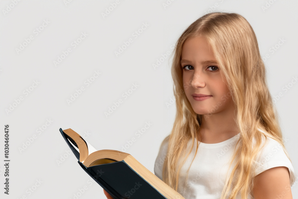 Girl in gray with book on the . female person education concept. a girl standing on a gray with an open book in her hands. a girl in gray stands on a white wall with an open book in her hands.