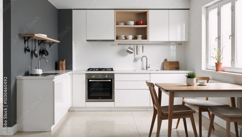 Fototapeta premium Modern interior Graywhite-walled kitchen with tile floors white cabinets and wooden table chairs