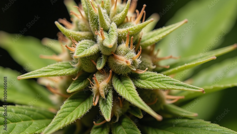 Fototapeta premium Close-up of cannabis plant showcasing THC CBD crystals
