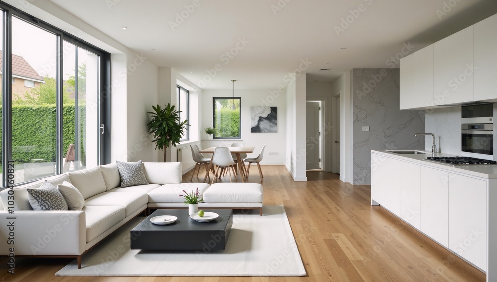White modern interior with a wooden floor combines open-concept living area kitchen featuring gray marble textured walls White modern interior with a wooden floor combines open-concept living area kitchen featuring gray marble textured walls