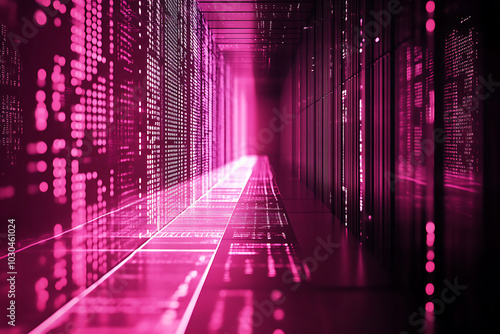 Long hallway illuminated by numerous lights  creating a vibrant atmosphere. The colors featured include shades of magenta  purple  and violet  enhancing the overall colorfulness of the scene. 