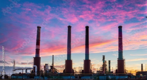 Bright sky highlighting smokestacks, creating a stark industrial scene.