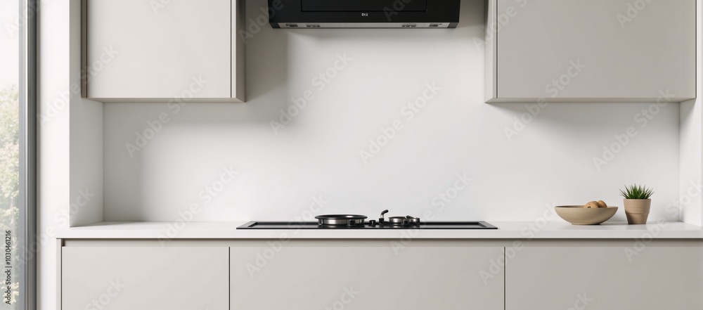 Modern minimalist kitchen splashback mock-up featuring an empty back wall for custom image inset Modern minimalist kitchen splashback mock-up featuring an empty back wall for custom image inset