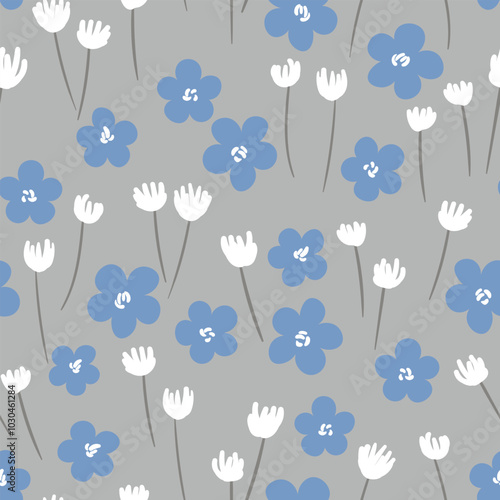 Seamless floral pattern based on traditional folk art ornaments. Colorful flowers on color background. Scandinavian style. Sweden nordic style. Vector illustration. Simple minimalistic pattern