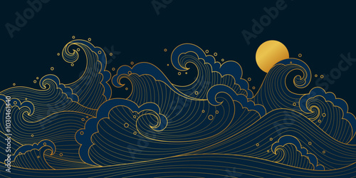Japanese-style background with abstract, hand-drawn ocean waves in gold and blue colors. Great for posters, home decor, and elegant greeting cards.