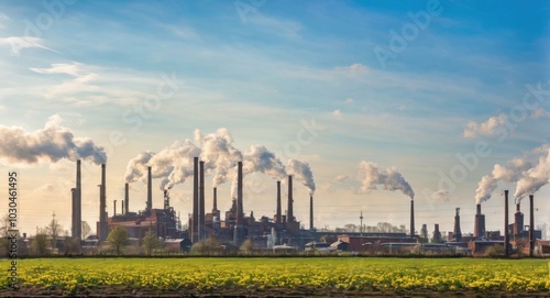 Bright sky highlighting smokestacks, creating a stark industrial scene.