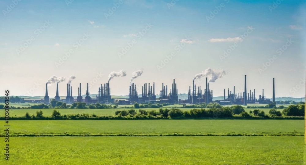 Bright sky highlighting smokestacks, creating a stark industrial scene. Bright sky highlighting smokestacks, creating a stark industrial scene.